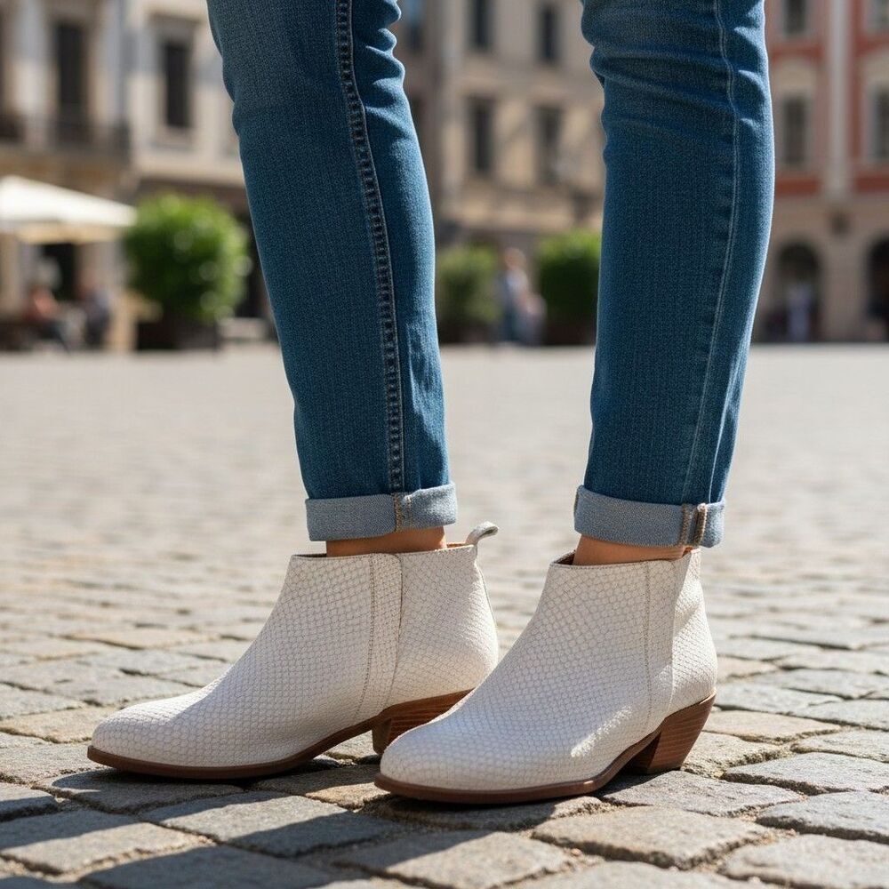 Saks Off 5th 10022- Shoe Ankle Boots Womens 8.5 Off White Leather Snake 38.5